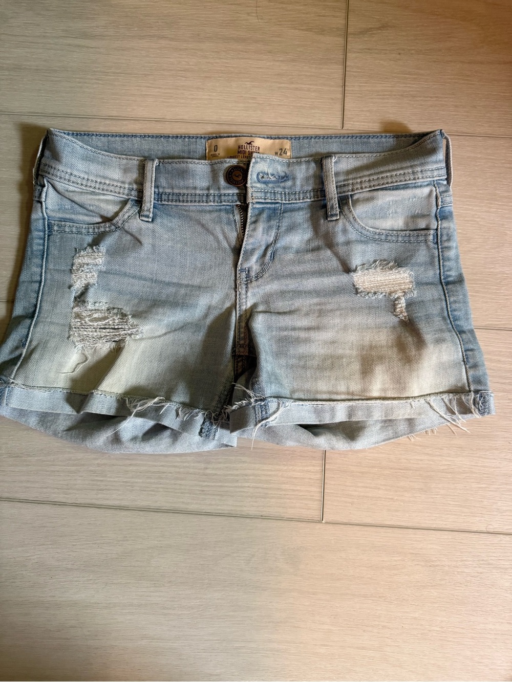Hollister Light Blue Distressed Denim Jean MIDI Shorts